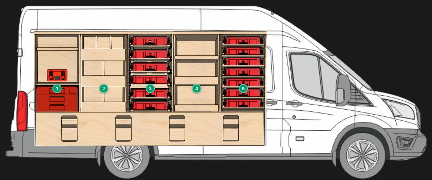 PLYRACKS Van Configurator — driver side fully loaded with shelving and packout